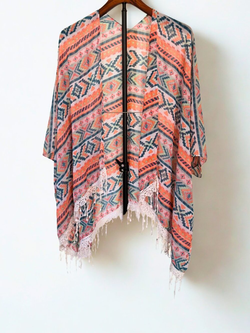 Poncho One Size Geometric Pattern Crochet Trim